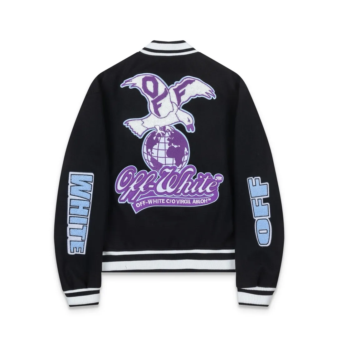 S68#P660, offwhite heavy-duty embroidered baseball jacket. The body is made of woolen fabric. Couple's jacket. Black size: S M L XL